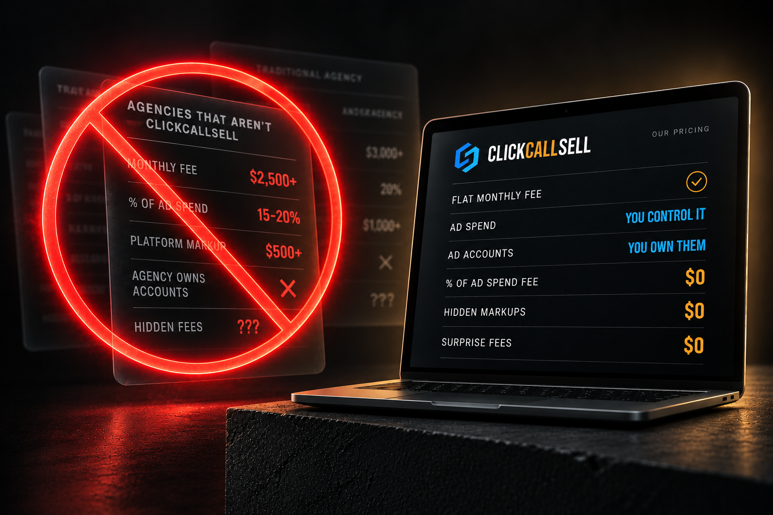 Agencies that aren't ClickCallSell, crossed out: monthly fees, a percentage of ad spend, platform markups, hidden fees, and the agency owns your accounts. ClickCallSell: you control ad spend, you own the ad accounts, and pay $0 percentage-of-spend, hidden or surprise fees.