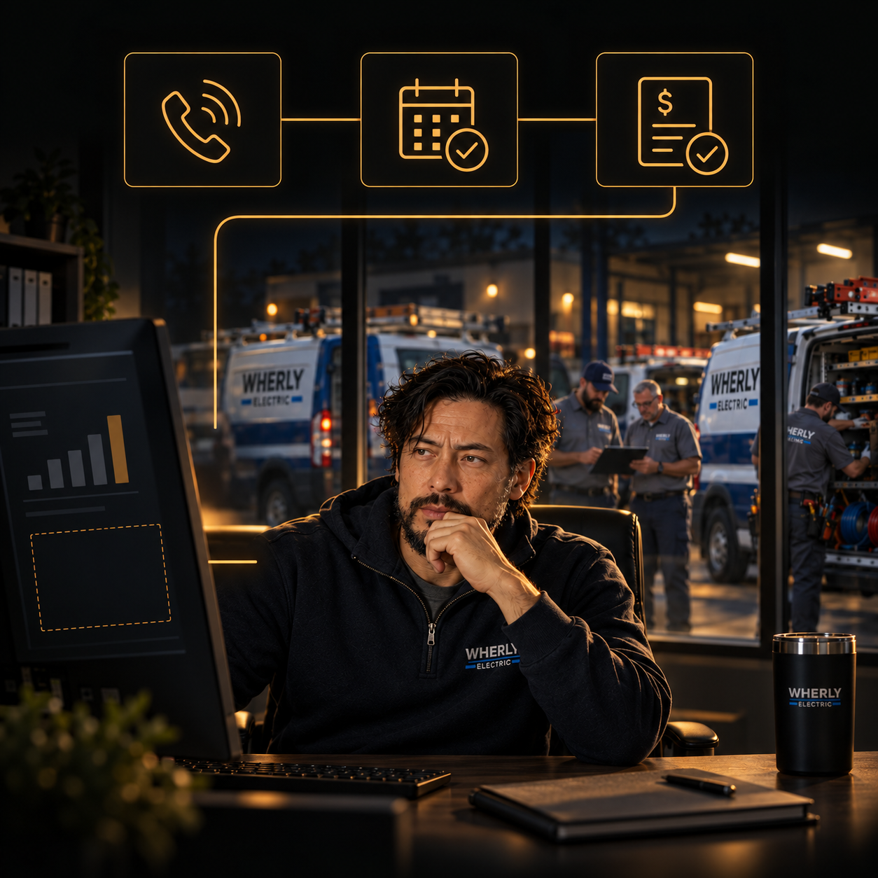 General manager at his desk reviewing performance, with technicians and a fleet of electrical vans behind him