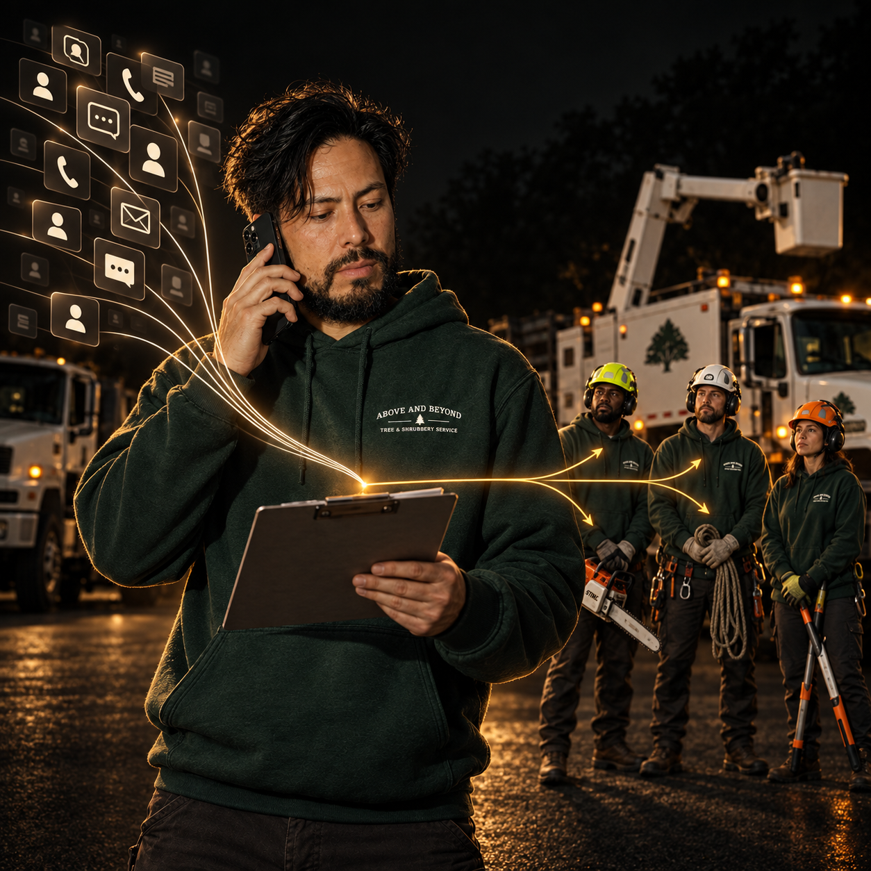 Tree service owner on the phone routing incoming leads to his crew