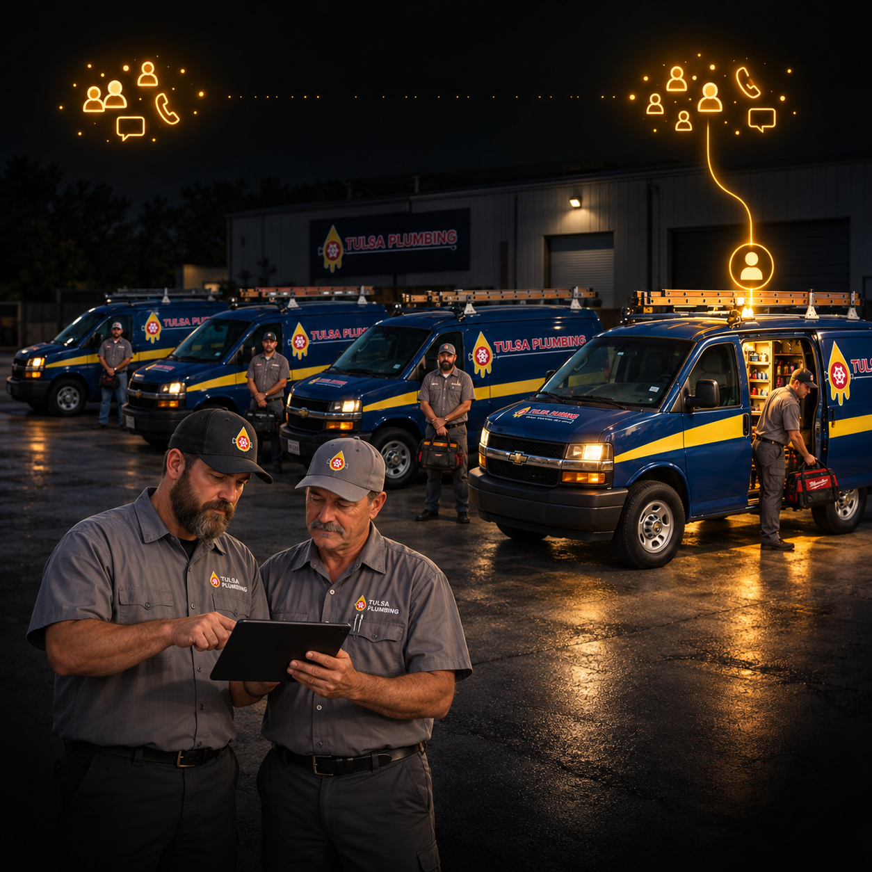 Plumbing leads reviewing a tablet in front of a fleet of vans, with leads routed to a technician