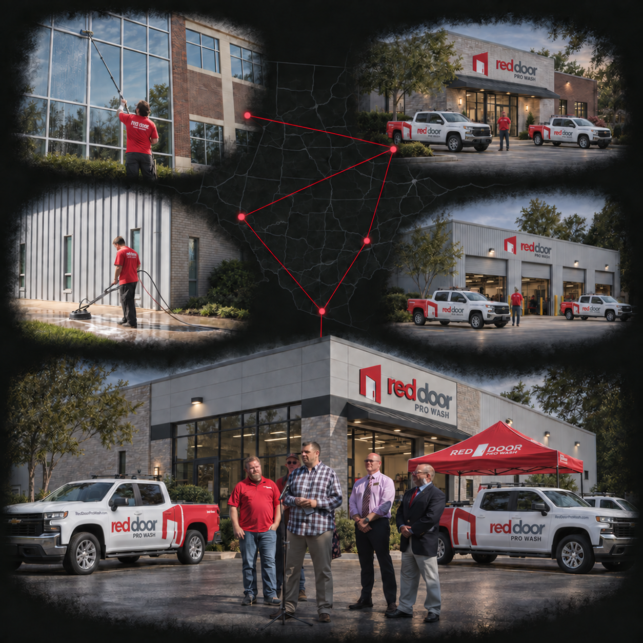 Collage of multiple branch locations connected on a regional map, with a location opening in front of branded trucks