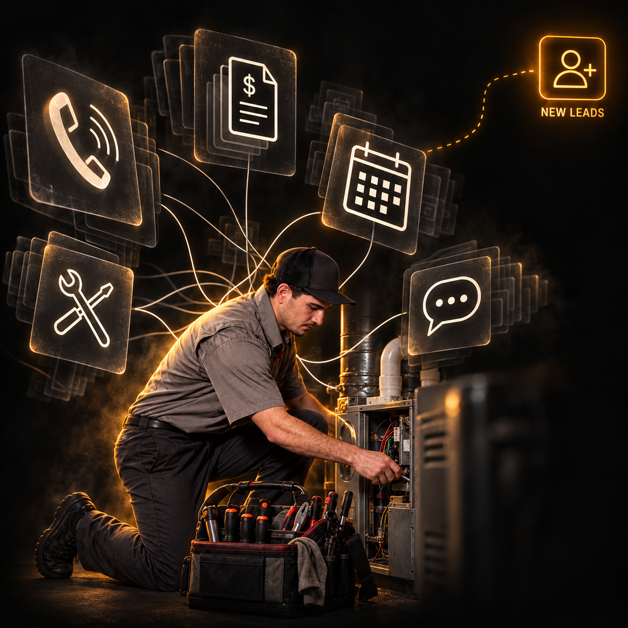 Owner-operator technician working on a furnace, surrounded by calls, quotes, scheduling and messages