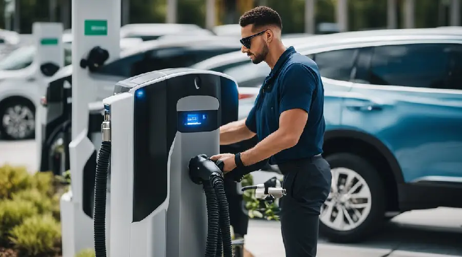 person using EV charger